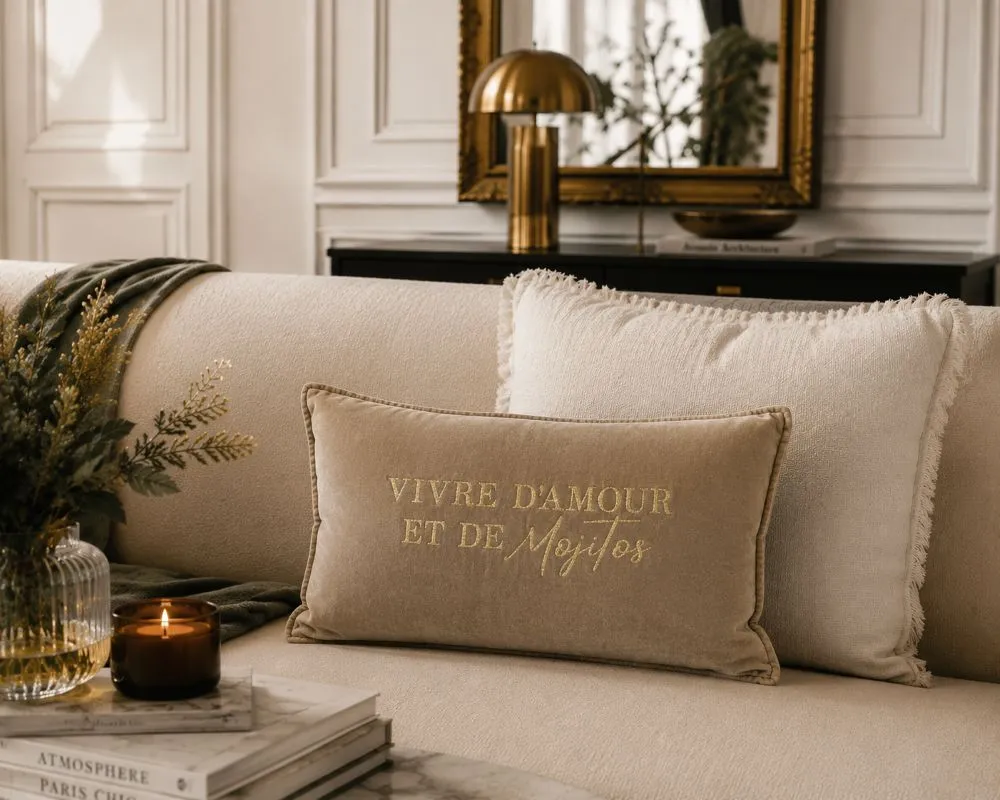 Housse de coussin 40 x 60 cm en velours de coton beige - Slogan "Vivre d'amour et de Mojitos " en doré pailleté. Création La Strasseuse