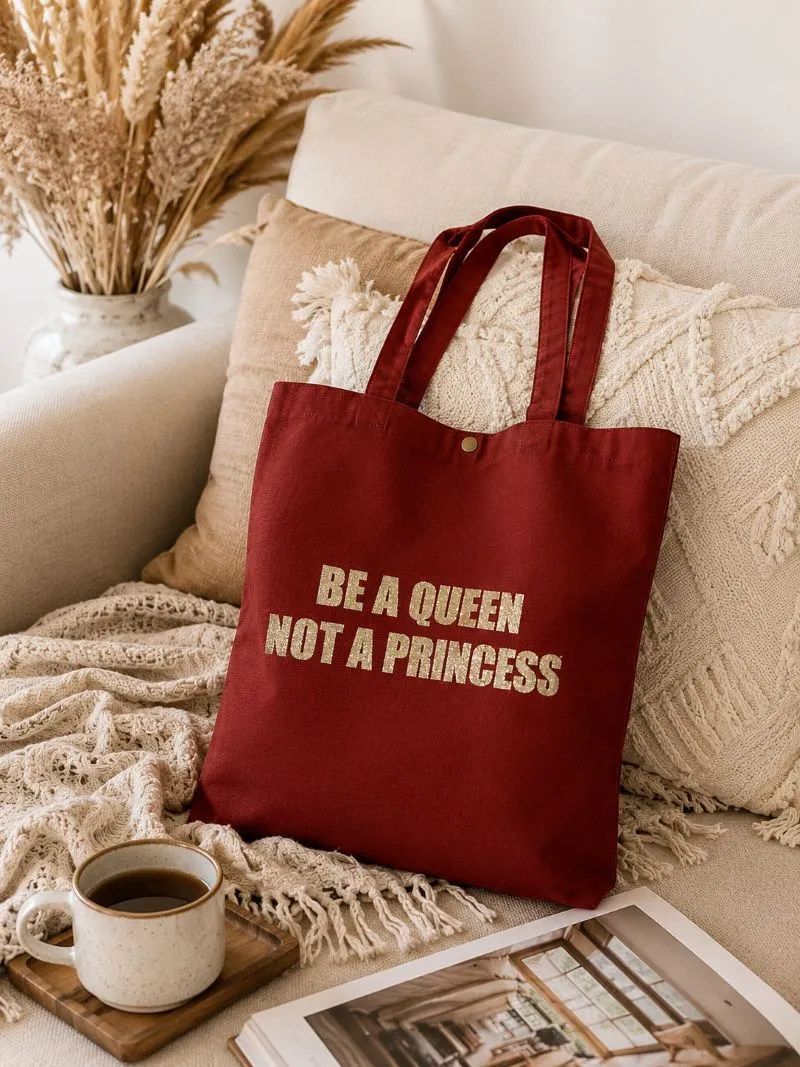 Tote bag rouille - Slogan "Be a Queen, not a Princess" en doré pailleté - Création La Strasseuse