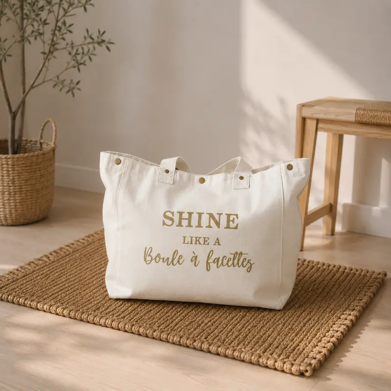 Sac fourre-tout blanc crème - "Shine like a boule à facettes" en doré pailleté - Création La Strasseuse