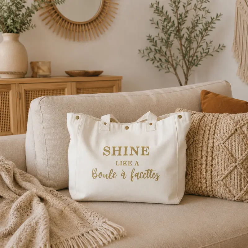 Sac fourre-tout blanc crème - "Shine like a boule à facettes" en doré pailleté - Création La Strasseuse
