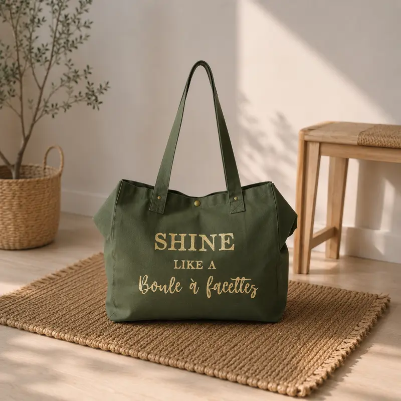 Sac fourre-tout kaki - "Shine like a boule à facettes" en doré pailleté - Création La Strasseuse