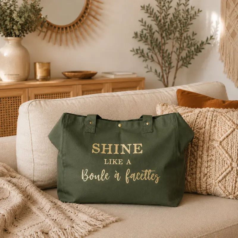 Sac fourre-tout kaki - "Shine like a boule à facettes" en doré pailleté - Création La Strasseuse