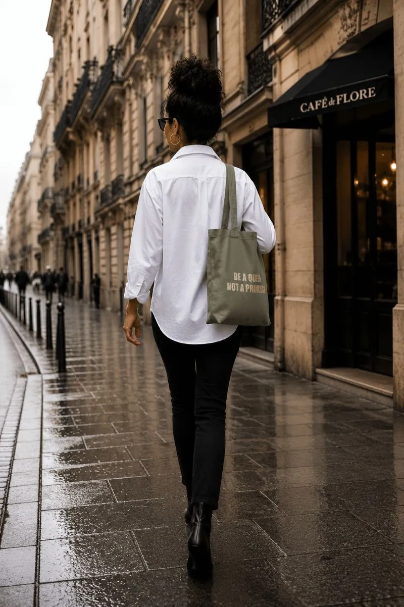 Tote bag Vert sauge - Slogan "Be a Queen, not a Princess" en doré pailleté - Création La Strasseuse