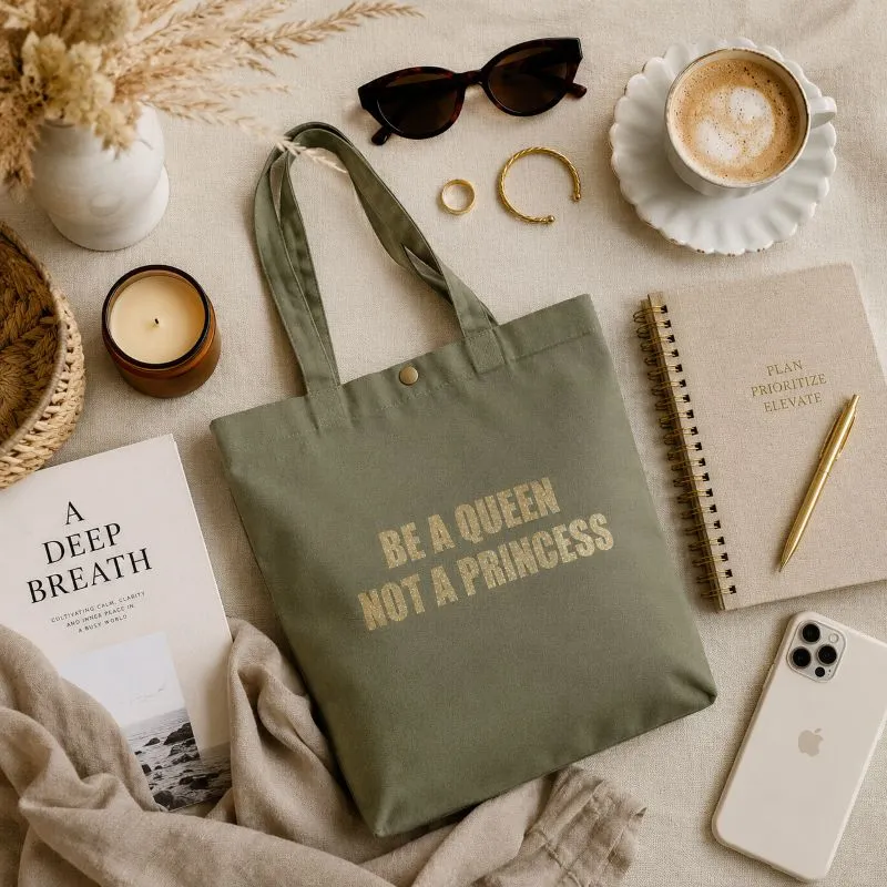Tote bag Vert sauge - Slogan "Be a Queen, not a Princess" en doré pailleté - Création La Strasseuse