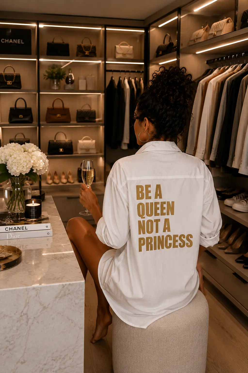 Chemise blanche oversize pour femme - "Be a Queen, not a Princess" en doré mat dans le dos - Création La Strasseuse