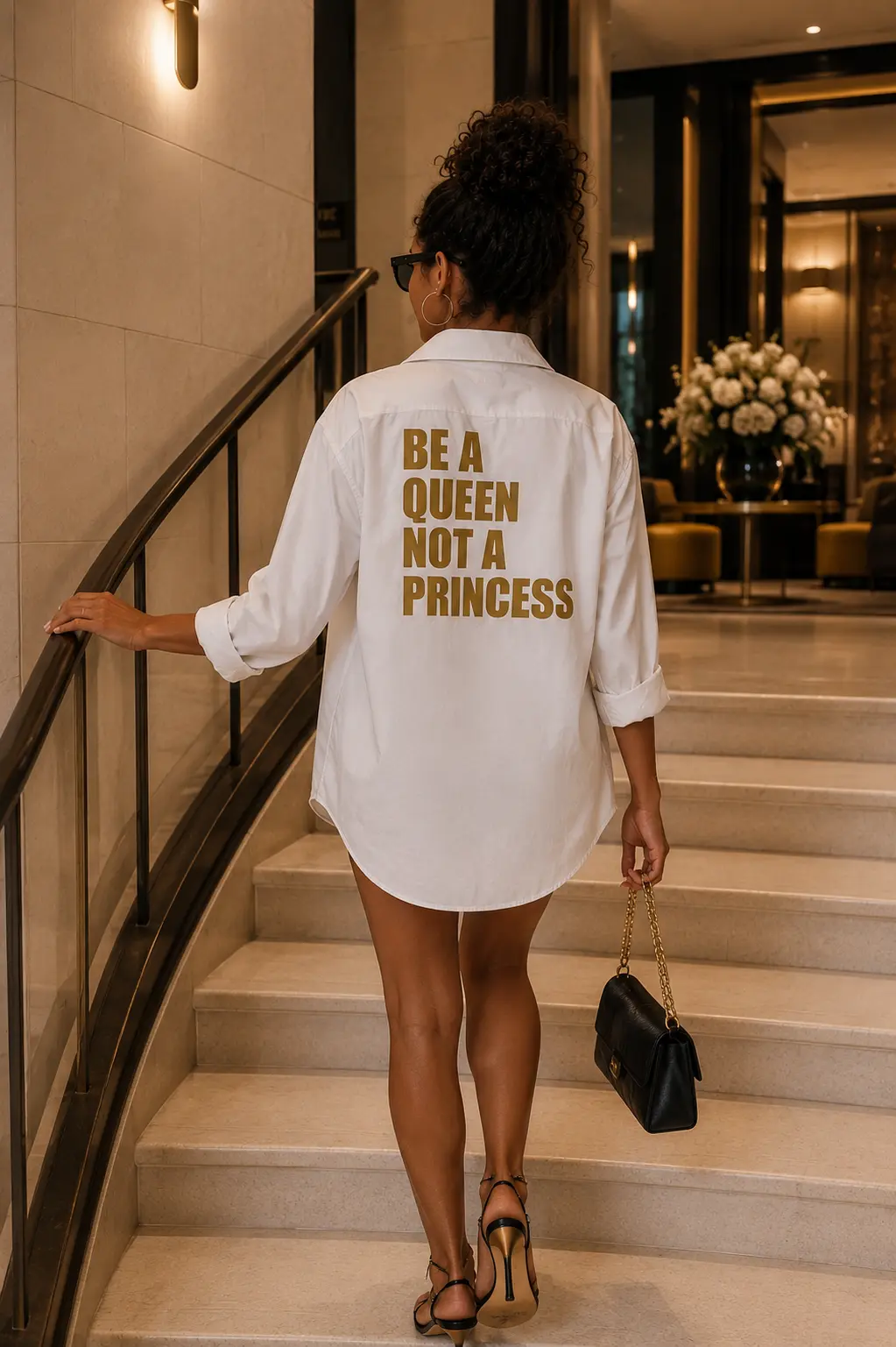Chemise blanche oversize pour femme - "Be a Queen, not a Princess" en doré mat dans le dos - Création La Strasseuse