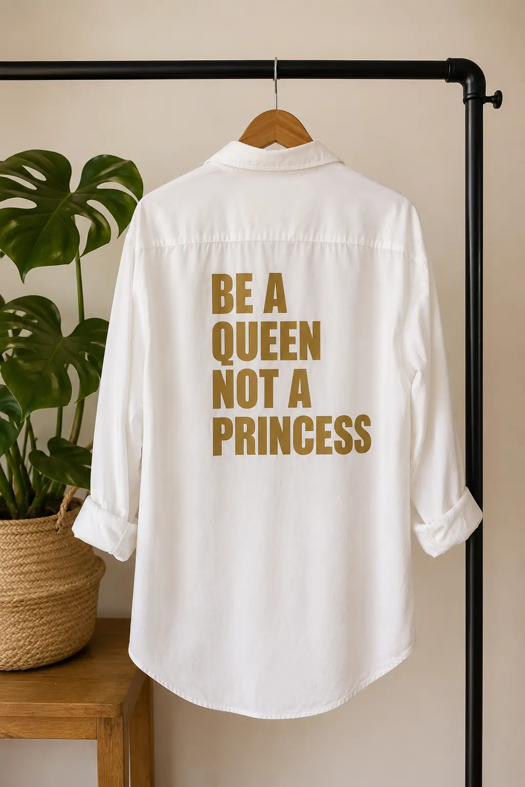 Chemise blanche oversize pour femme - "Be a Queen, not a Princess" en doré mat dans le dos - Création La Strasseuse