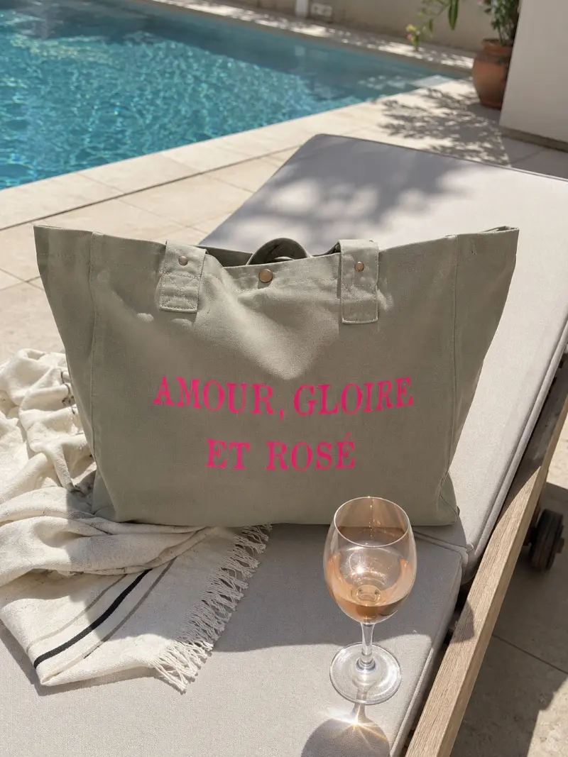 Sac fourre-tout vert sauge - Slogan "Amour, Gloire et Rosé" en rose fluo. Création la Strasseuse.
