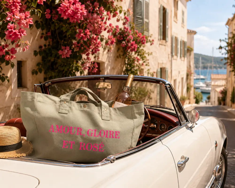 Sac fourre-tout vert sauge - Slogan "Amour, Gloire et Rosé" en rose fluo. Création la Strasseuse.