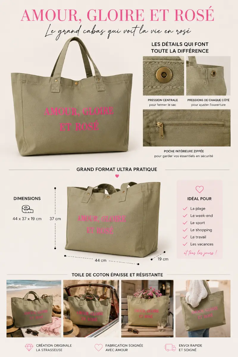 Sac fourre-tout vert sauge - Slogan "Amour, Gloire et Rosé" en rose fluo. Création la Strasseuse.