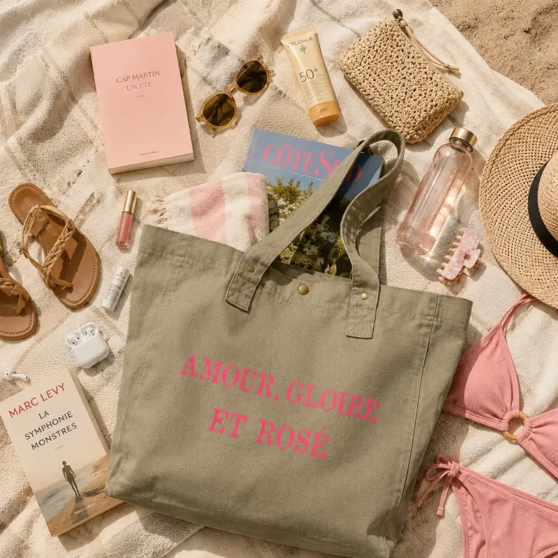 Sac fourre-tout vert sauge - Slogan "Amour, Gloire et Rosé" en rose fluo. Création la Strasseuse.