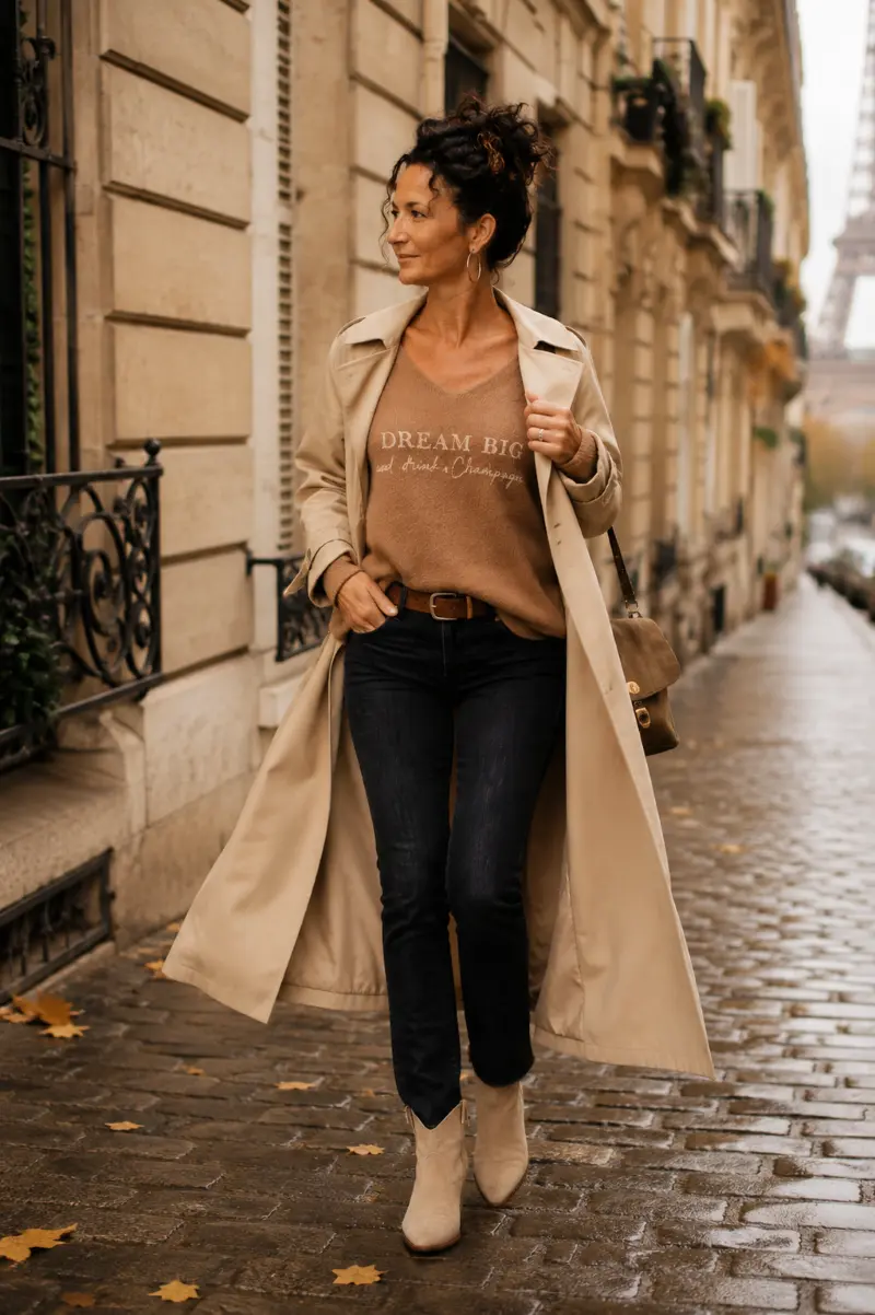 Femme dans une rue parisienne qui porte le pull camel "Dream big and drink champagne" en doré pailleté. Création La Strasseuse.