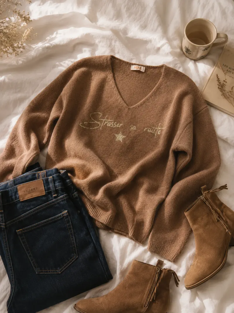 Flatlay du pull camel en baby alpaga col V "Strasser sa route" en doré pailleté.