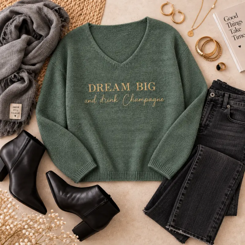 Flatlay du Pull kaki col V en baby alpaga au flocage doré pailleté "Dream big and drink champagne". Création La Strasseuse.