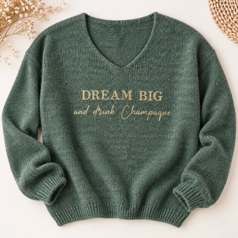 Pull kaki au flocage doré pailleté "Dream big and drink champagne". Création La Strasseuse.
