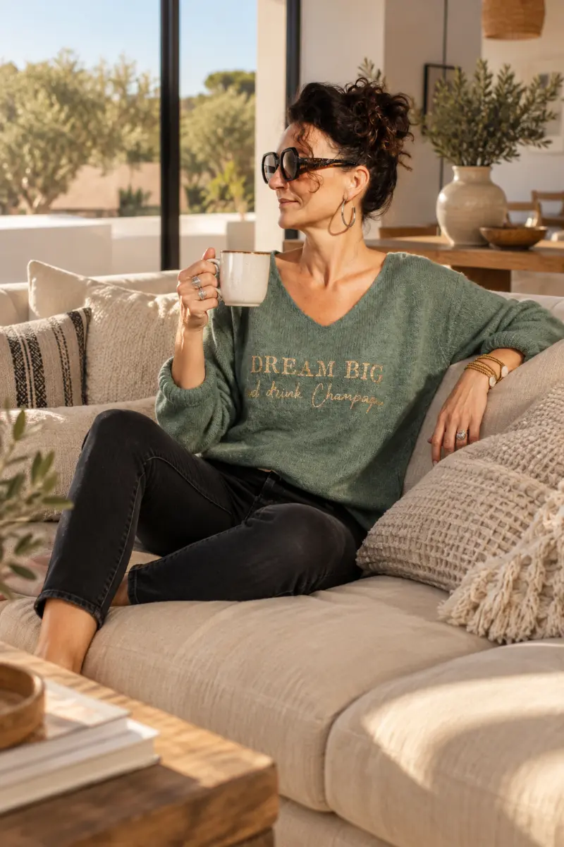 Femme sur canapé, elle porte le pull kaki en baby alpaga "Dream big and drink Champagne"