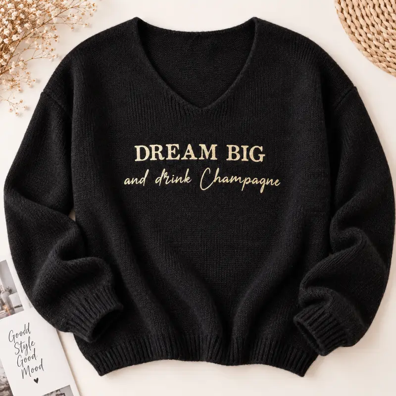 Pull noir col V en baby alpaga au flocage doré pailleté "Dream big and drink champagne". Création La Strasseuse.