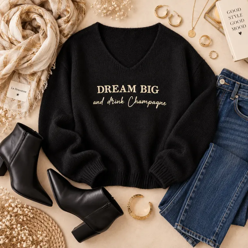 Flatlay du Pull noir col V en baby alpaga au flocage doré pailleté "Dream big and drink champagne". Création La Strasseuse.