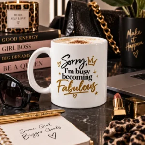 Mug blanc au slogan "Sorry, I'm busy becoming Fabulous". Création La Strasseuse.