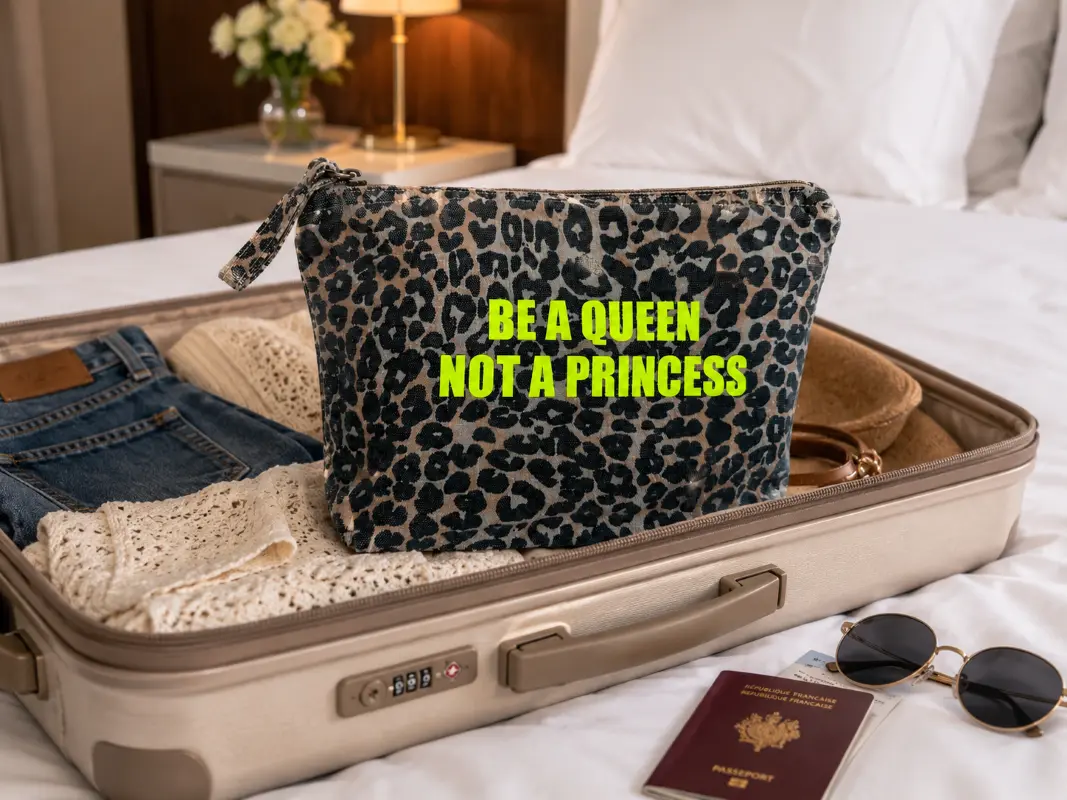 Trousse de toilette léopard au flocage jaune fluo "Be a Queen, not a Princess". Création La Strasseuse.