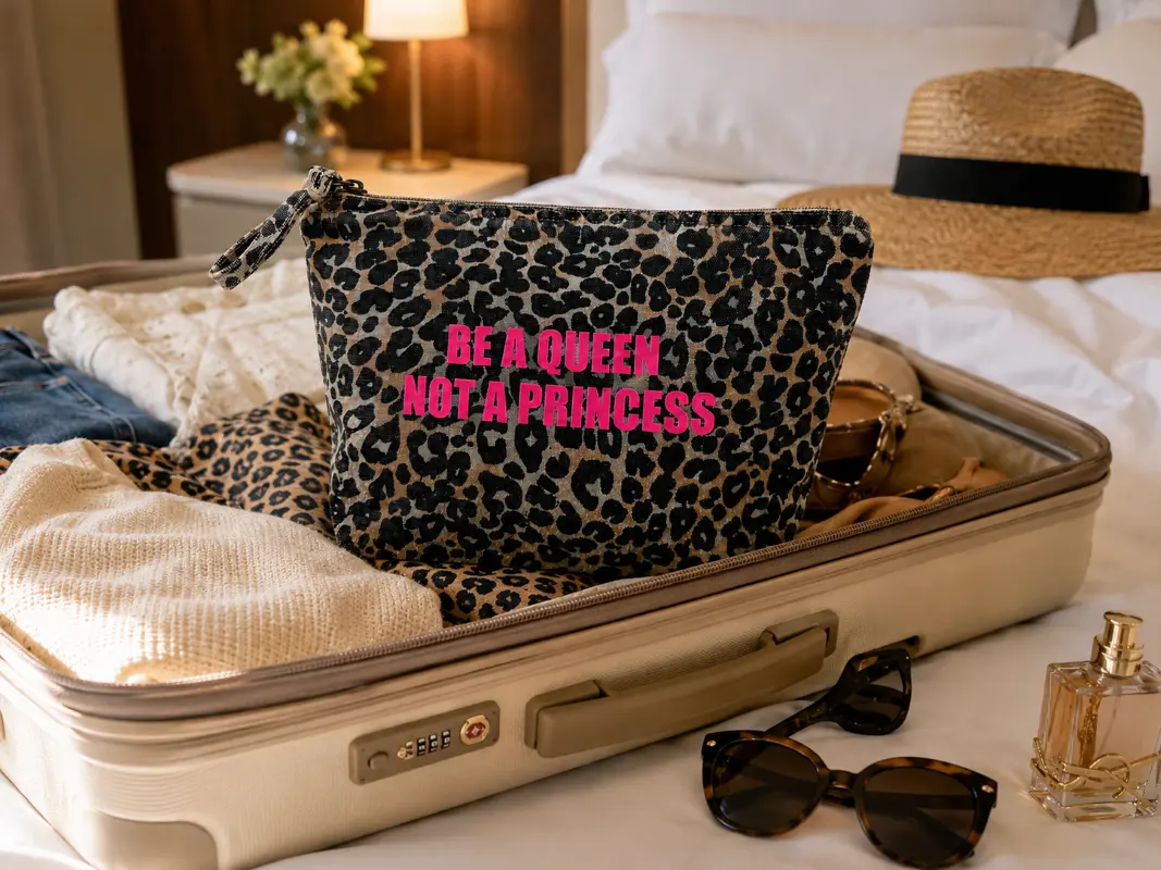 Trousse de toilette léopard au flocage rose fluo "Be a Queen, not a Princess". Création La Strasseuse.
