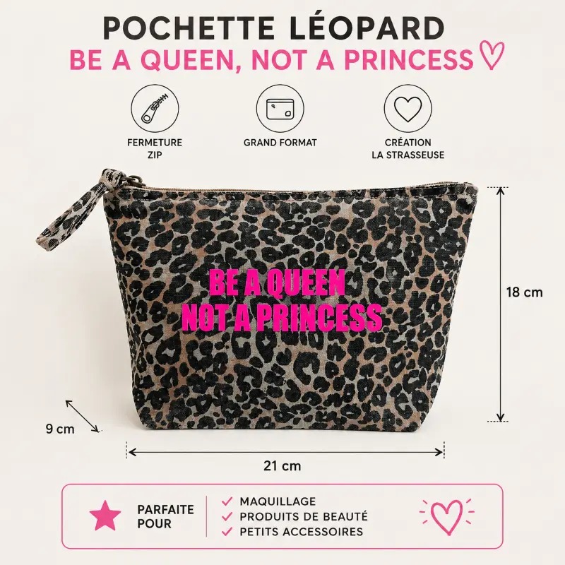 Infographie de la trousse de toilette l"opard au flocage rose fluo "Be a Queen, not a Princess".