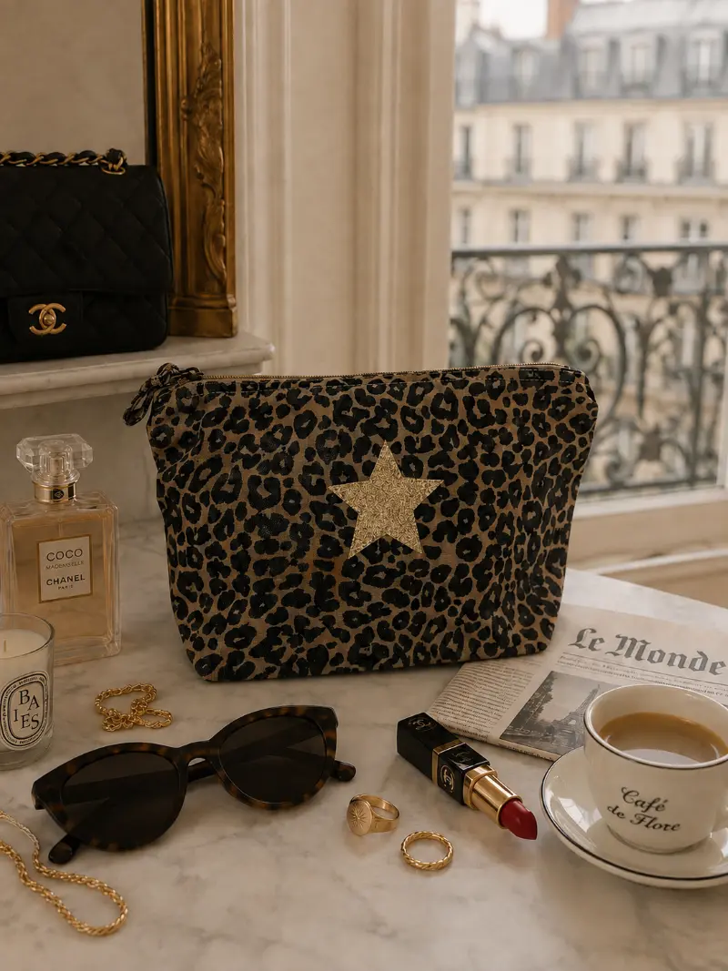 Trousse de toilette léopard avec son étoile champagne pailletée. Création La Strasseuse.