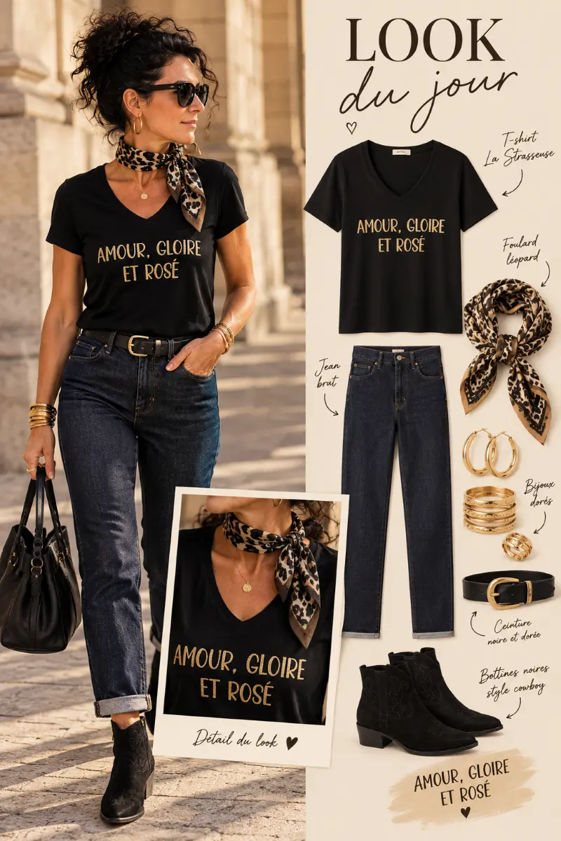 Inspiration look femme avec t-shirt noir « Amour, Gloire et Rosé » en flocage doré pailleté, jean brut, bottines noires style cowboy, foulard imprimé et bijoux dorés, tenue chic et décontractée.