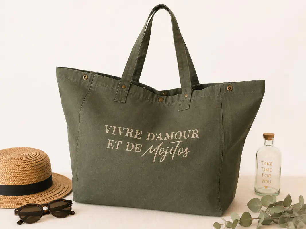 Sac cabas kaki « Vivre d’amour et de Mojitos » avec flocage doré, présenté sur un fond clair avec chapeau de paille, lunettes de soleil et accessoires estivaux.