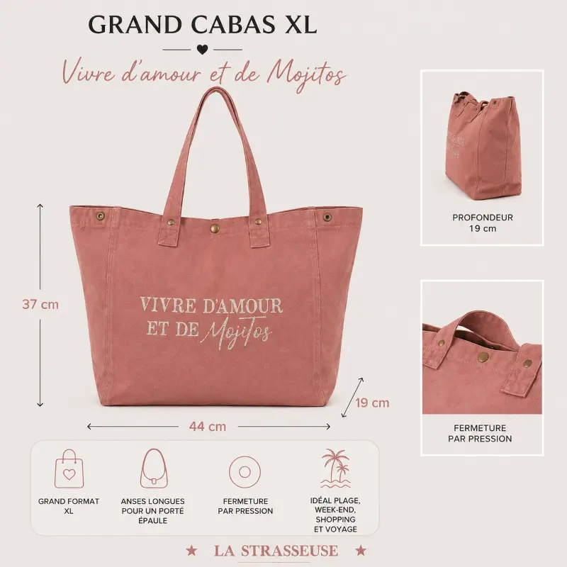 Infographie du grand cabas XL vieux rose « Vivre d’amour et de Mojitos », présentant ses dimensions 44 × 37 × 19 cm, ses longues anses, sa fermeture par pression et son grand format idéal pour la plage, le week-end, le shopping et les voyages.
