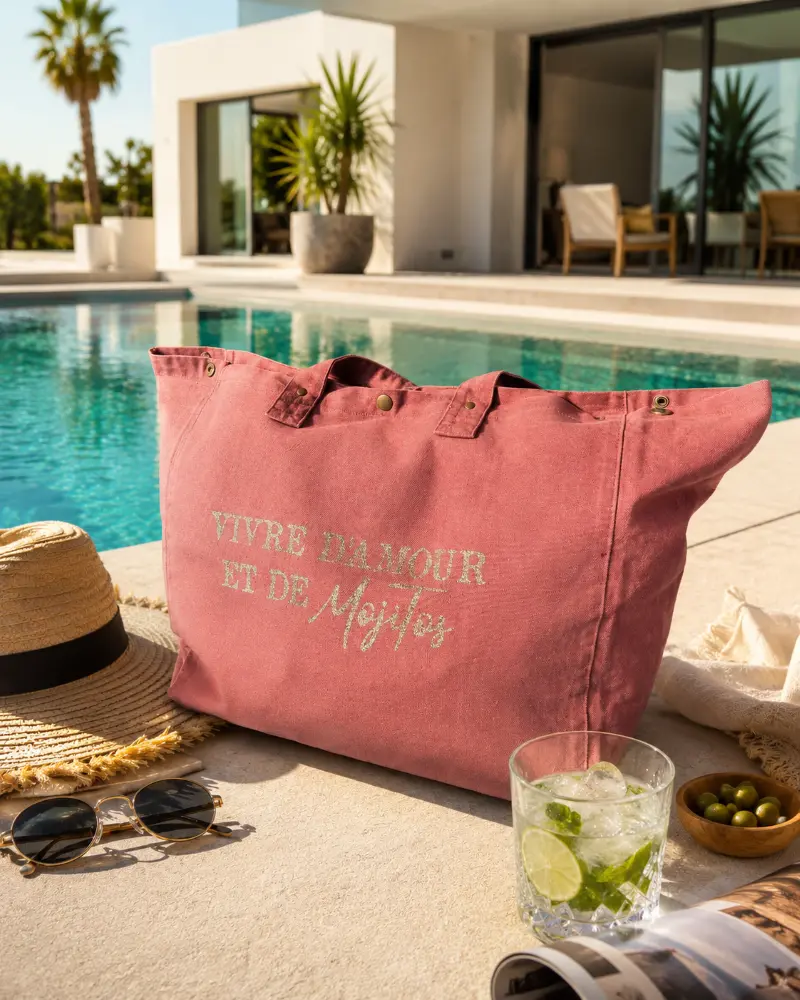 Sac cabas vieux rose « Vivre d’amour et de Mojitos » avec flocage doré pailleté, présenté au bord d’une piscine dans une ambiance estivale chic, avec chapeau de paille, lunettes de soleil et mojito.