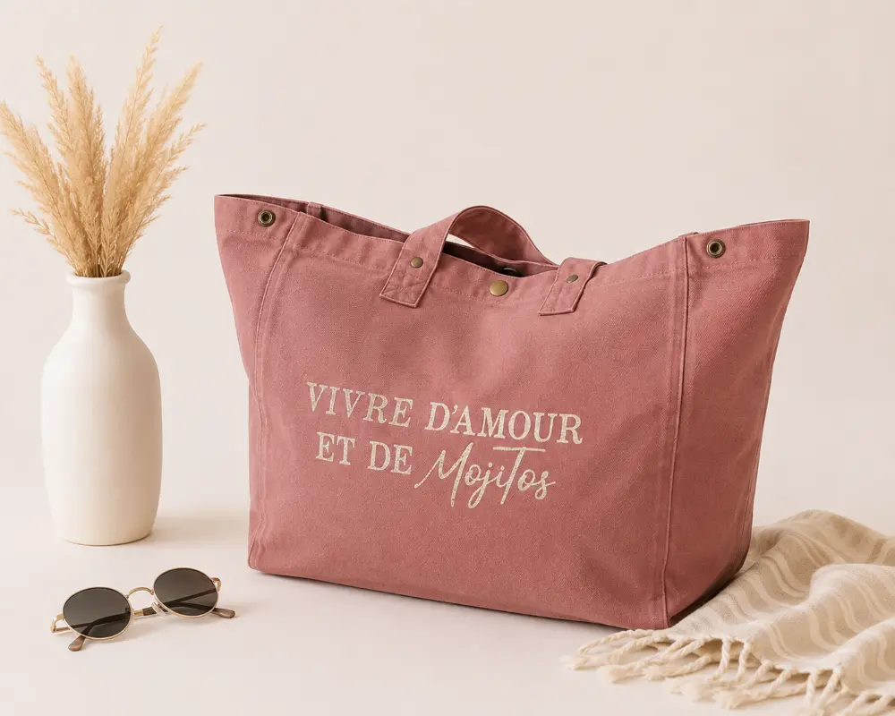 Sac cabas vieux rose « Vivre d’amour et de Mojitos » avec flocage doré pailleté, présenté sur un fond clair avec vase, fleurs séchées et lunettes de soleil.