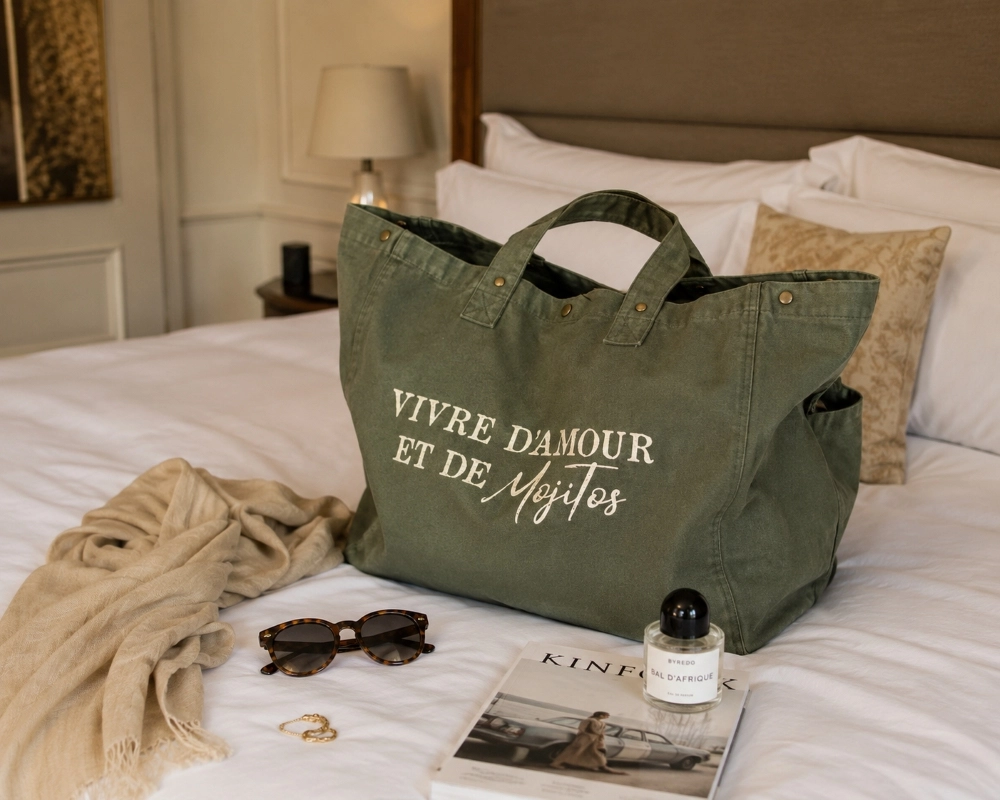 Sac cabas kaki « Vivre d’amour et de Mojitos » présenté sur un lit dans une ambiance lifestyle chic, avec lunettes de soleil, foulard et accessoires.