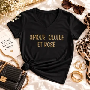 T-shirt femme noir en coton avec col V et flocage doré pailleté « Amour, Gloire et Rosé », présenté en flatlay sur un fond clair avec lunettes de soleil, foulard léopard, bijoux dorés et sac à main noir.