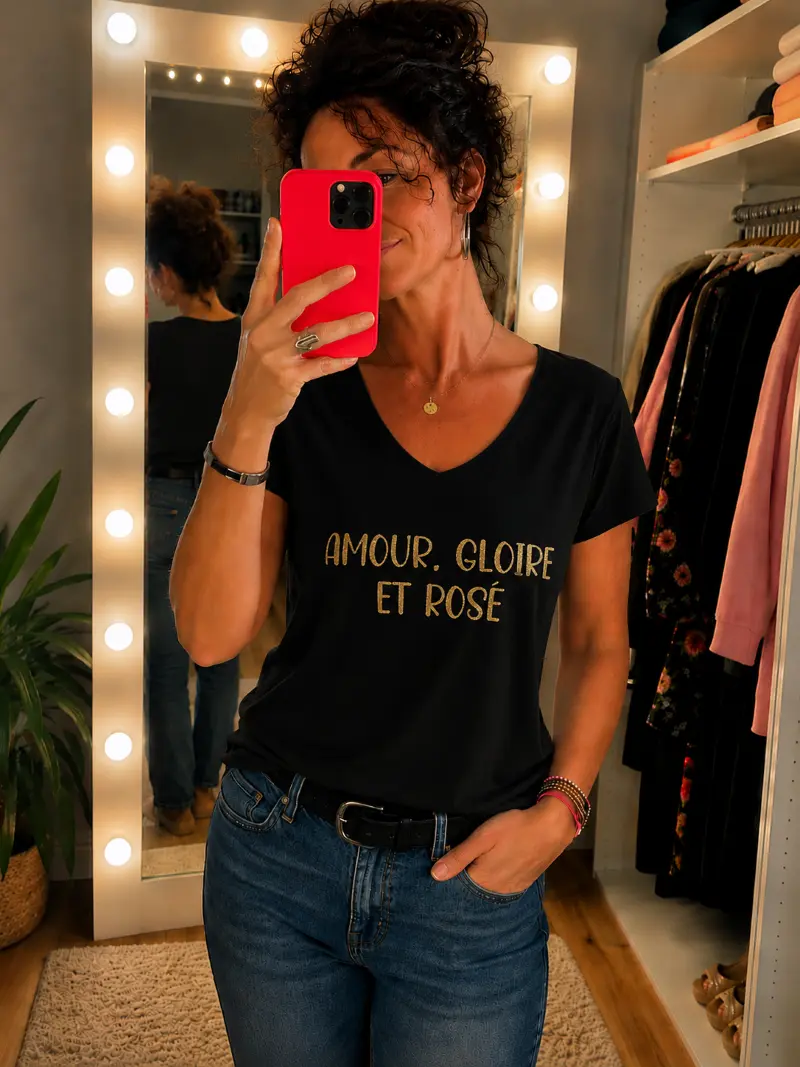 Femme portant un t-shirt noir en coton « Amour, Gloire et Rosé » avec flocage doré pailleté, associé à un jean brut, dans un dressing élégant et lumineux.