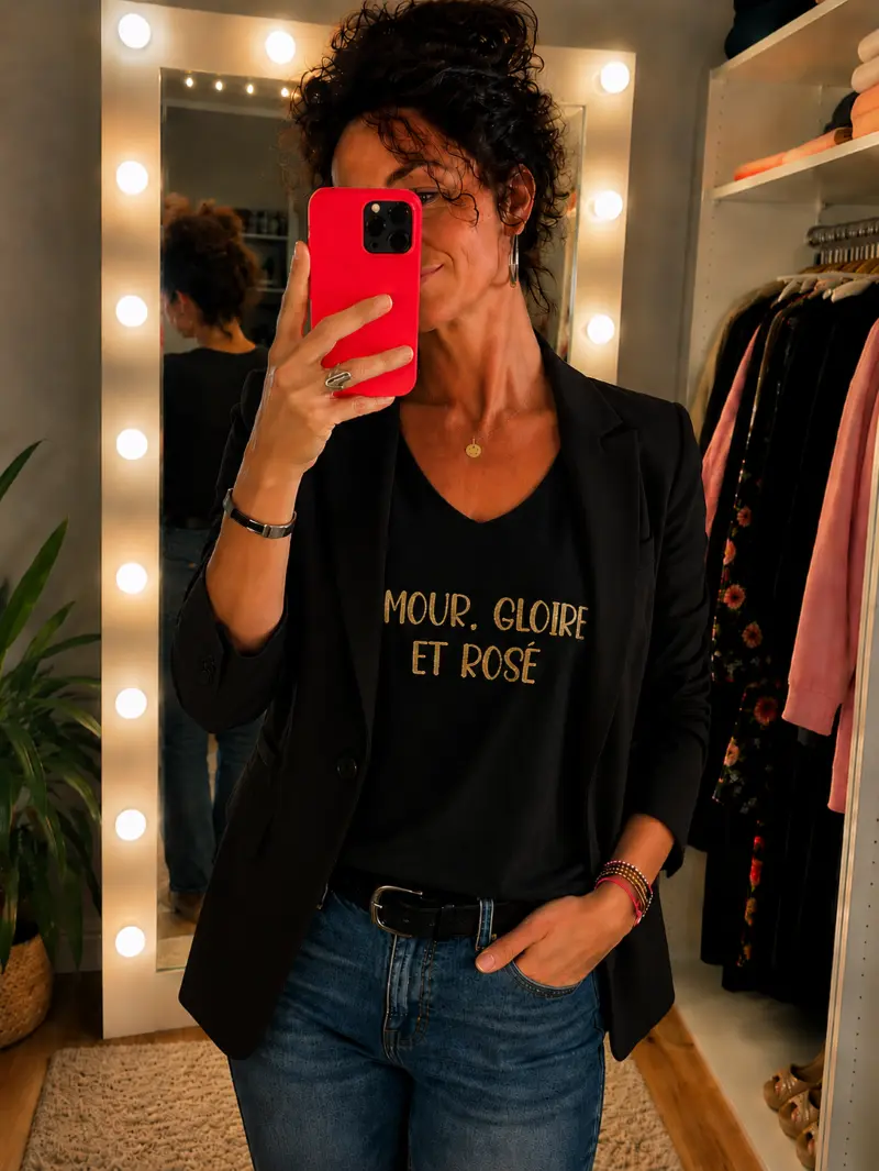 Femme portant un t-shirt noir en coton « Amour, Gloire et Rosé » avec flocage doré pailleté, associé à un blazer noir et un jean brut, dans un dressing élégant et lumineux.