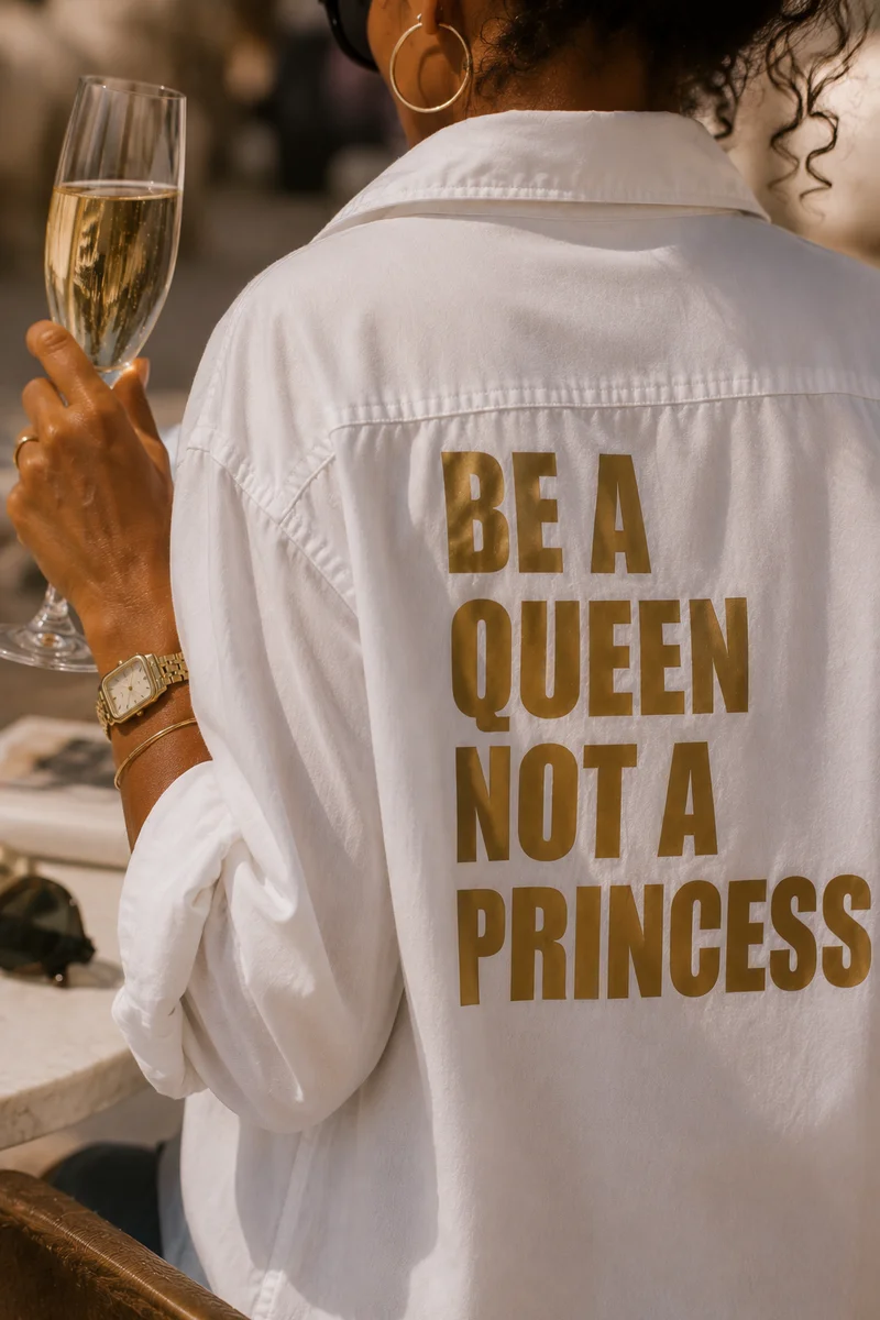 Femme de dos portant la chemise blanche oversize « Be a Queen, not a Princess » floquée doré, une coupe de champagne à la main en terrasse. Création La Strasseuse.