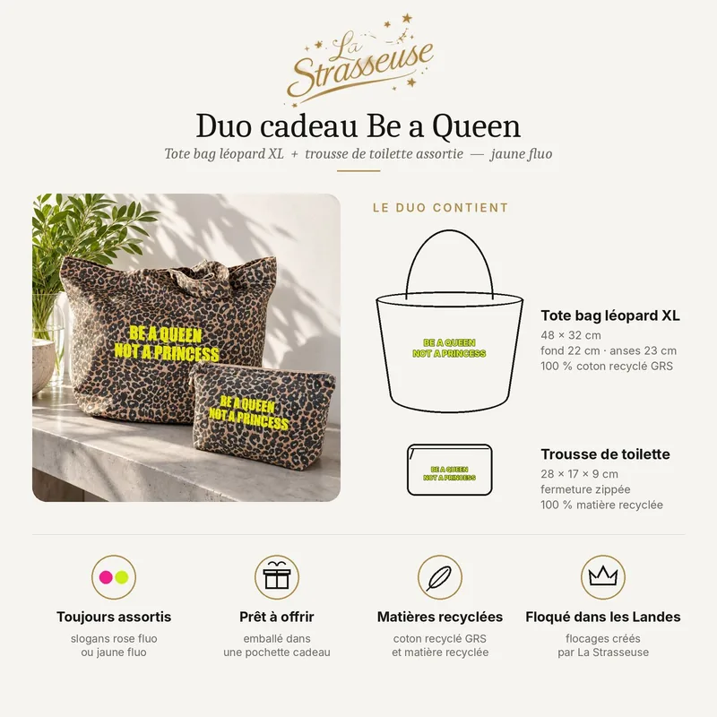 Contenu et dimensions du duo cadeau léopard Be a Queen jaune fluo