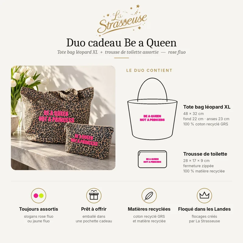 Contenu et dimensions du duo cadeau léopard Be a Queen rose fluo