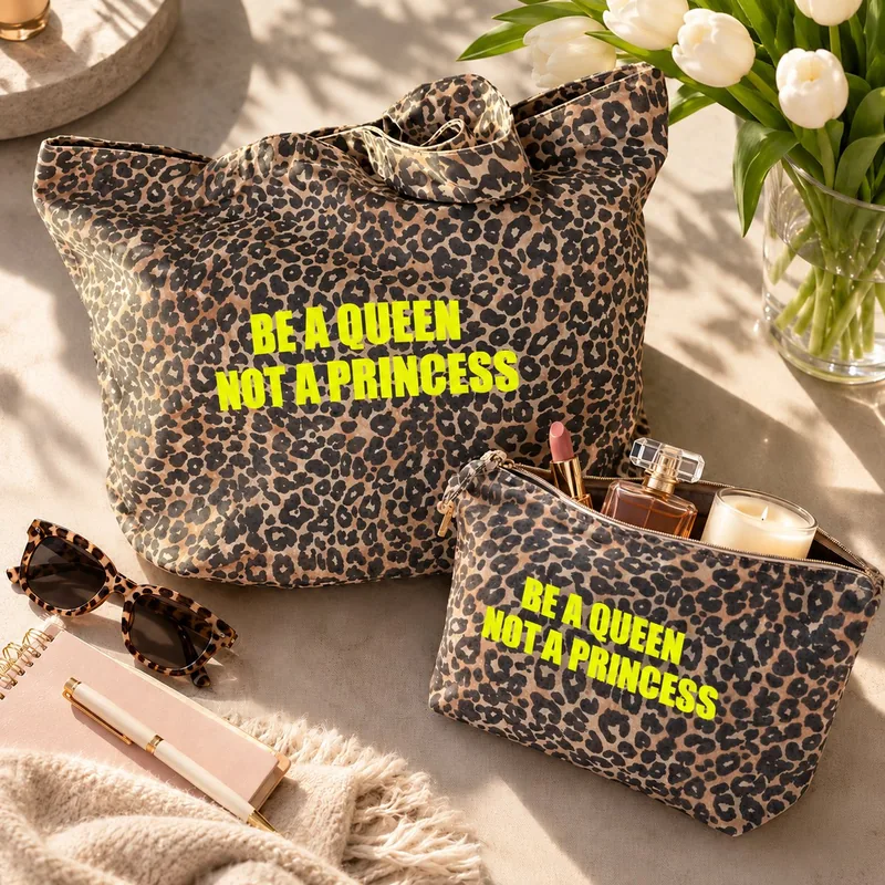 Duo cadeau léopard Be a Queen jaune fluo avec trousse ouverte