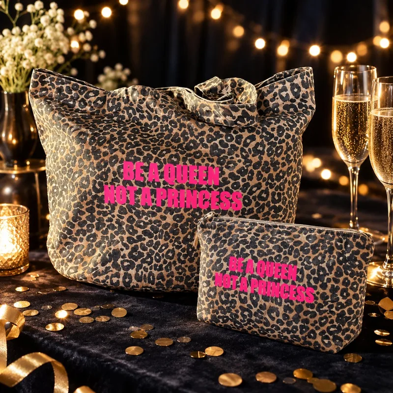 Duo cadeau léopard Be a Queen pour Noël, ambiance champagne et confettis dorés