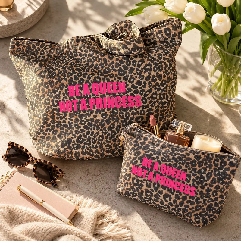 Duo cadeau léopard Be a Queen rose fluo avec trousse ouverte, rouge à lèvres et parfum