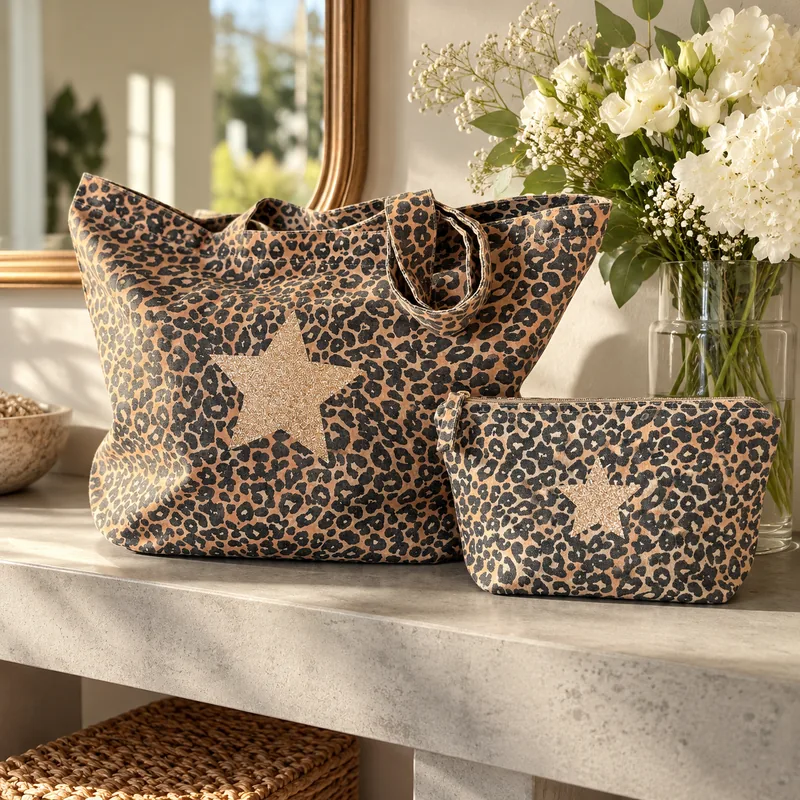 Duo cadeau léopard étoile champagne pailletée : tote bag XL et trousse de toilette assortie posés sur une console près d'un bouquet de fleurs blanches