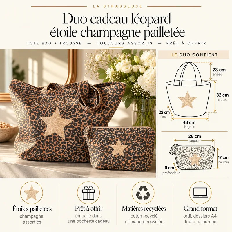 Contenu et dimensions du duo cadeau léopard étoile champagne pailletée : tote bag 48 x 32 cm et trousse 28 x 17 x 9 cm