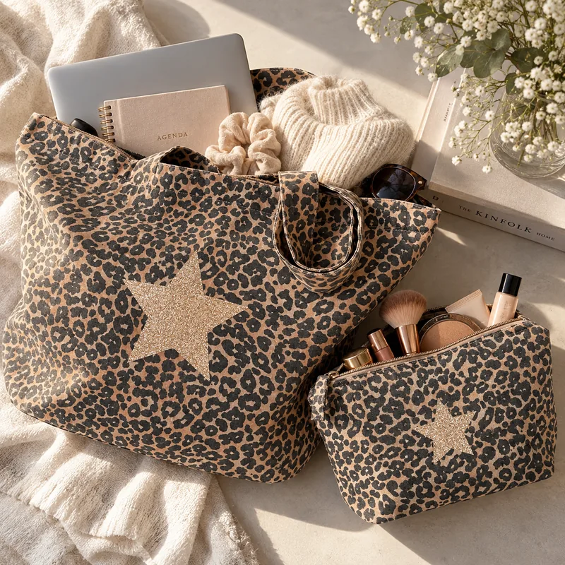Tote bag léopard étoile champagne rempli d'un ordinateur, d'un agenda et d'un pull, et trousse assortie ouverte avec du maquillage
