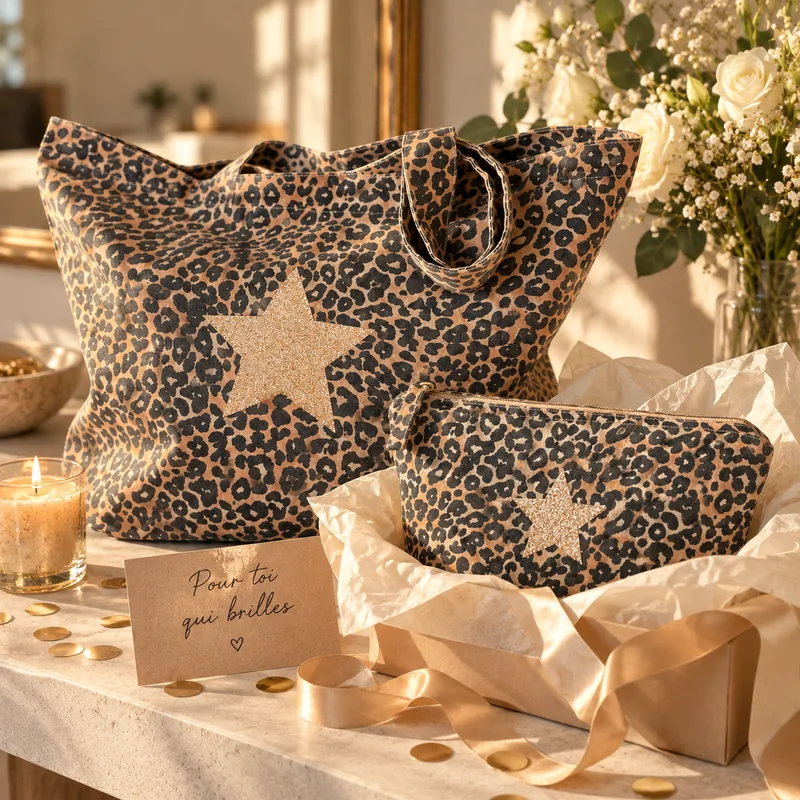 Duo cadeau léopard étoile champagne pailletée prêt à offrir : trousse dans du papier de soie avec ruban champagne, carte Pour toi qui brilles et tote bag