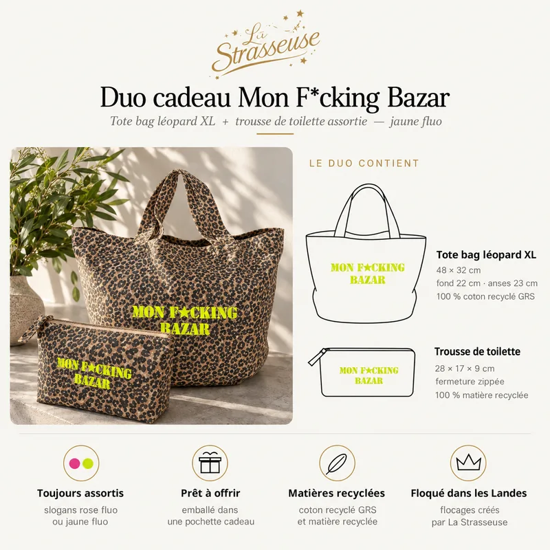 Contenu et dimensions du duo cadeau Mon F*cking Bazar jaune fluo : tote bag 48 x 32 cm et trousse 28 x 17 x 9 cm