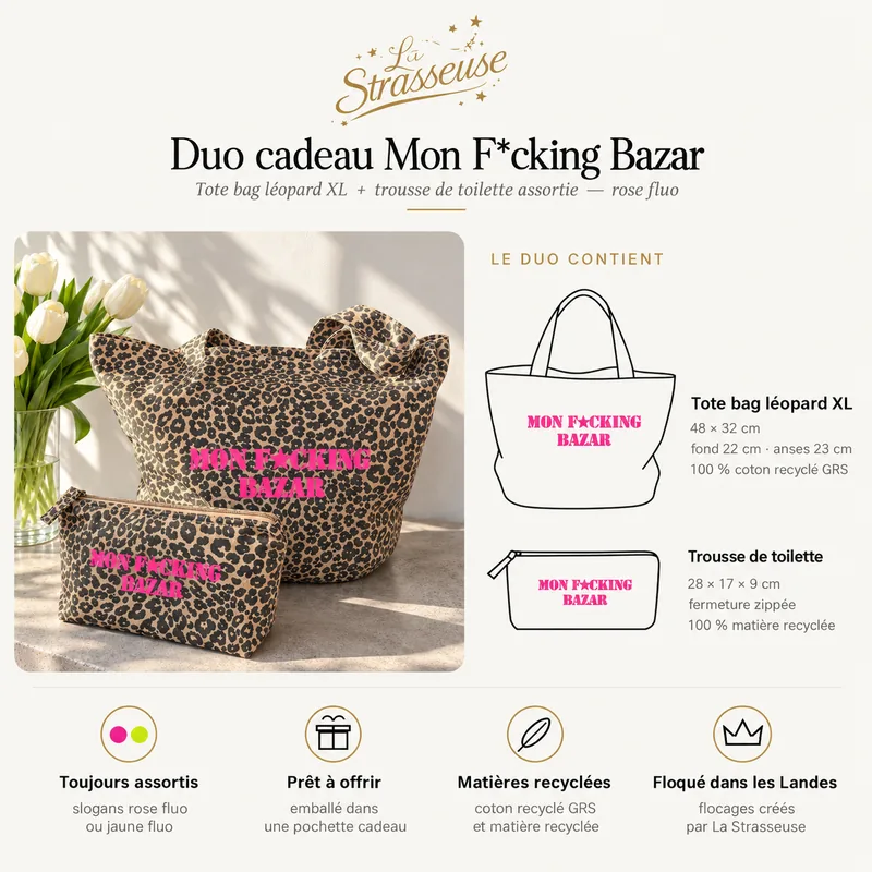 Contenu et dimensions du duo cadeau Mon F*cking Bazar rose fluo : tote bag 48 x 32 cm et trousse 28 x 17 x 9 cm