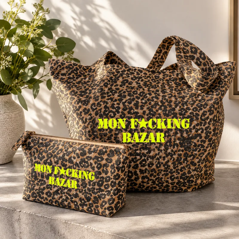 Duo cadeau léopard Mon F*cking Bazar jaune fluo : tote bag XL et trousse de toilette assortie posés sur une console avec de l'eucalyptus