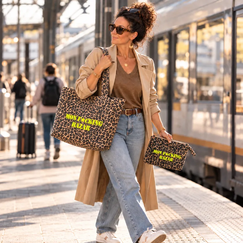 Femme en trench camel et jean portant le tote bag léopard Mon F*cking Bazar jaune fluo à l'épaule et la trousse assortie à la main sur un quai de gare